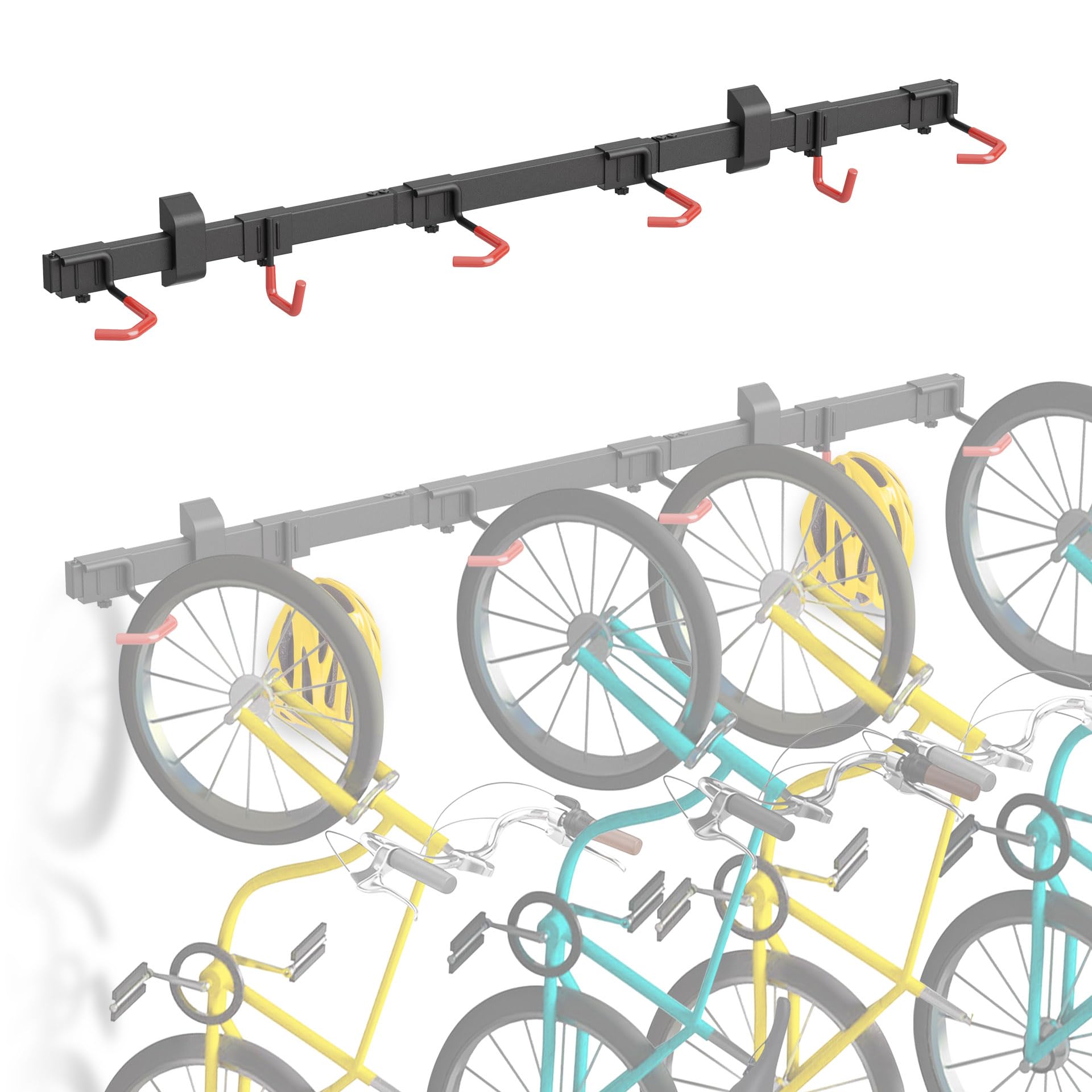 Mimoke Soporte de pared vertical para bicicleta | Adecuado para todas las bicicletas | Ganchos ajustables | Solución de organización para casa y garaje (para 4 bicicletas 2 ganchos para cascos)