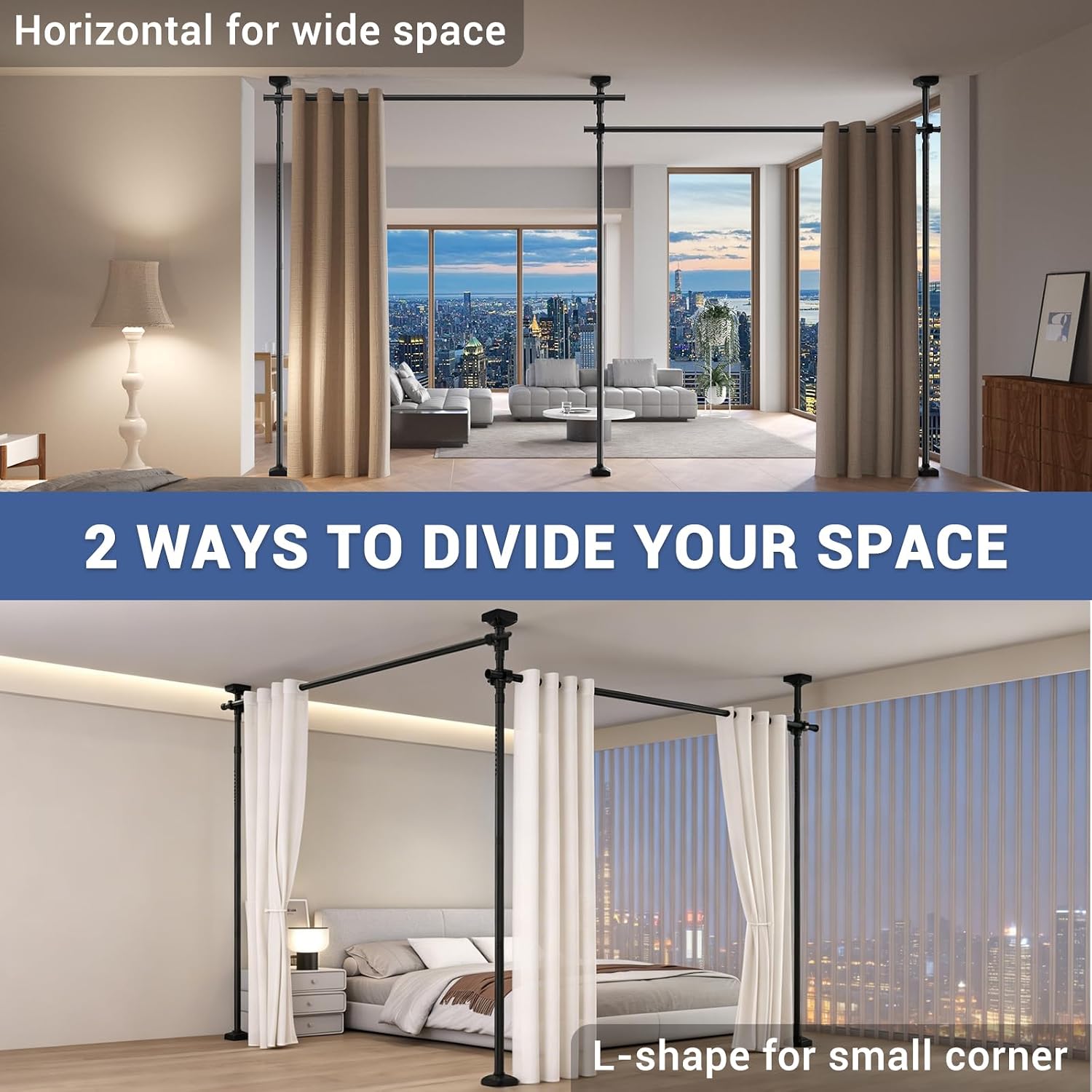 Room Divider for Room Separation,Tension Curtain Rod No Drilling,4-10ft(H) 28-140inch(W) Wall Divider, Heavy Duty Room Partition Separator, Adjustable Folding Privacy Screens,Black