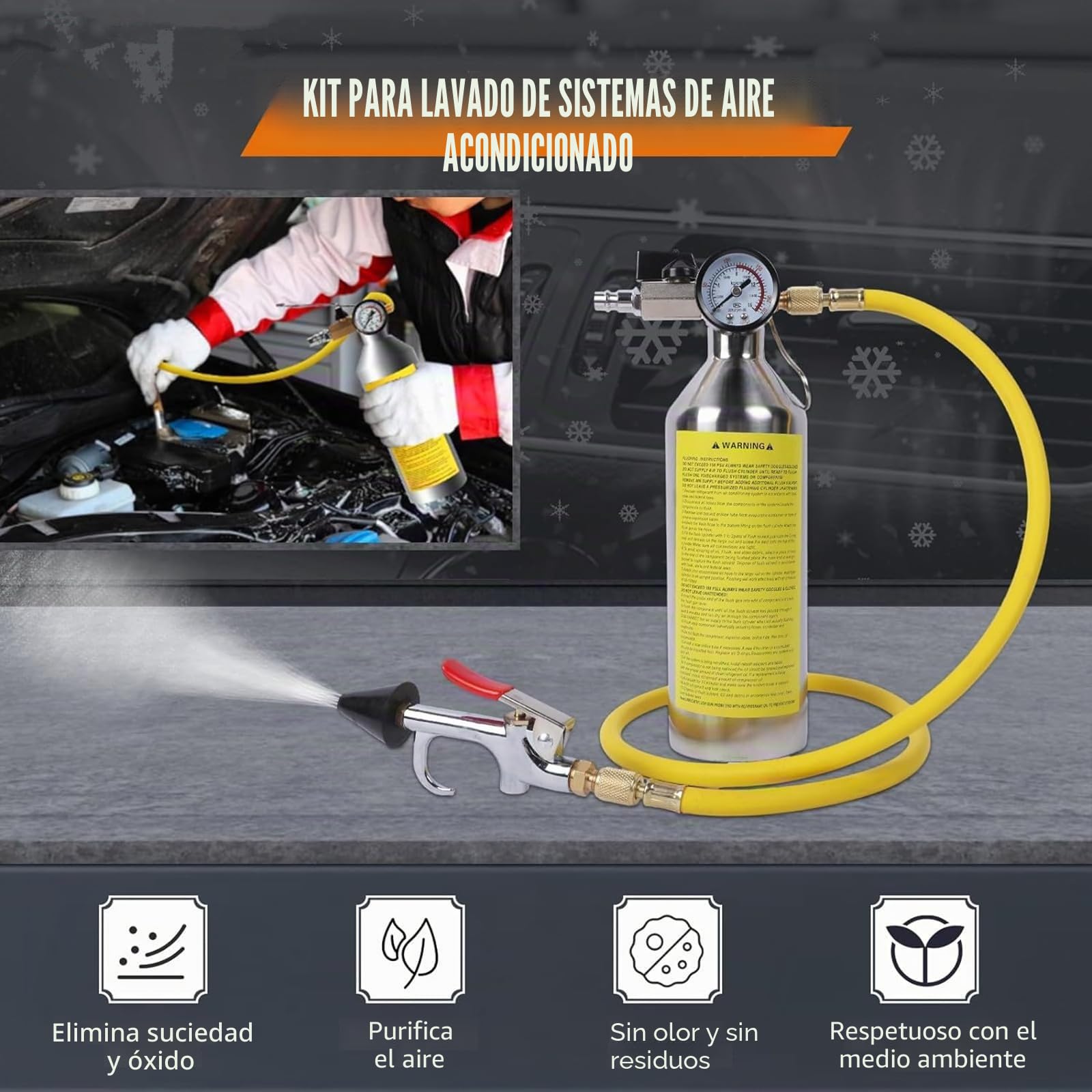 AC Flush Kit con manómetro, válvula de alivio de presión, cabezal pulverizador y manguera, limpiador HVAC para tubos de aire acondicionado refrigerante R410A, R134A, R22, condensador, evaporador
