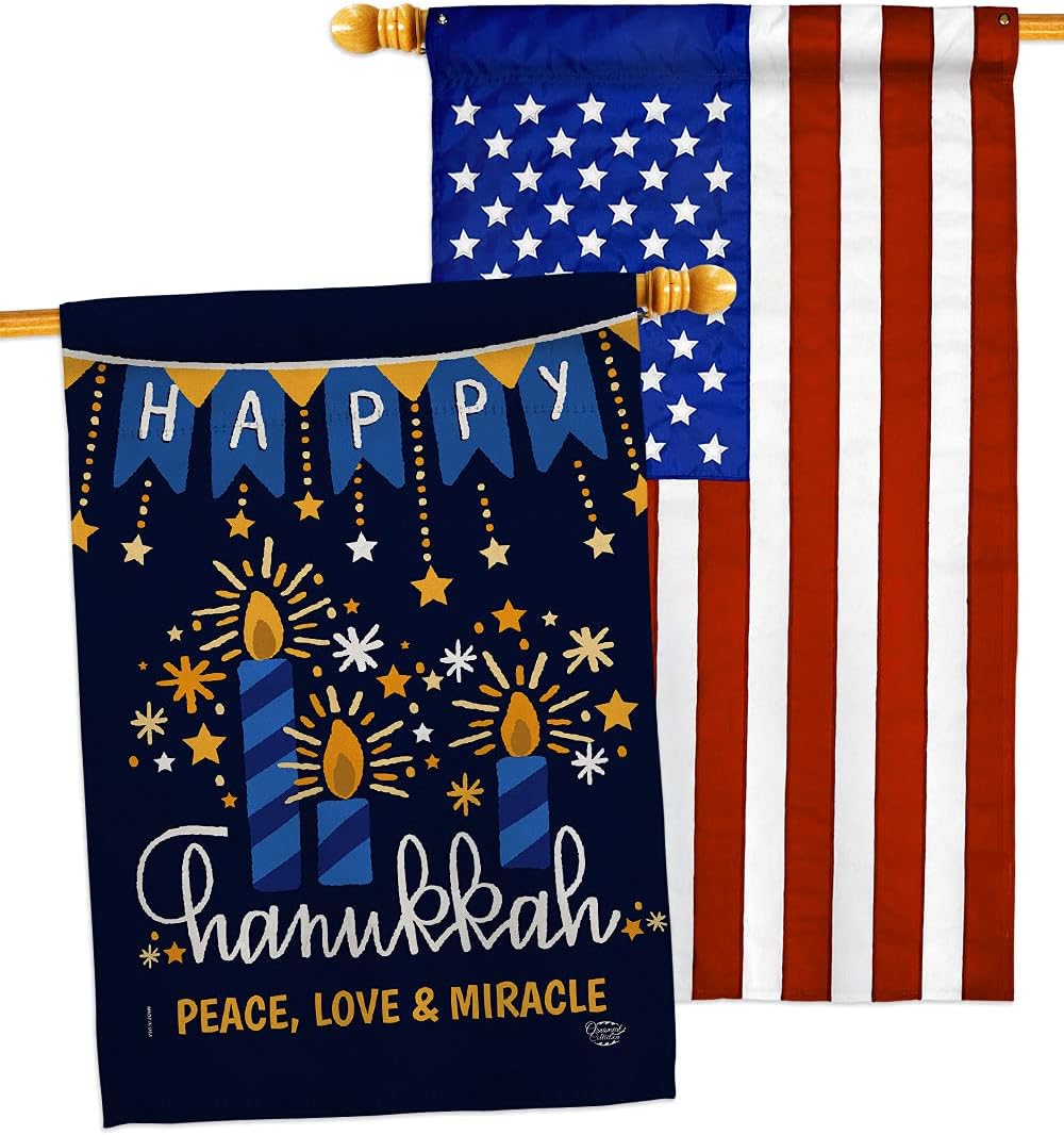 Peace Love Happiness House Flag - Pack Winter Hanukkah Candle Bonsai Menorah Jewish Chanukah David USA Applique - Decoration Banner Small Garden Yard Gift Double-Sided Made In 28 X 40