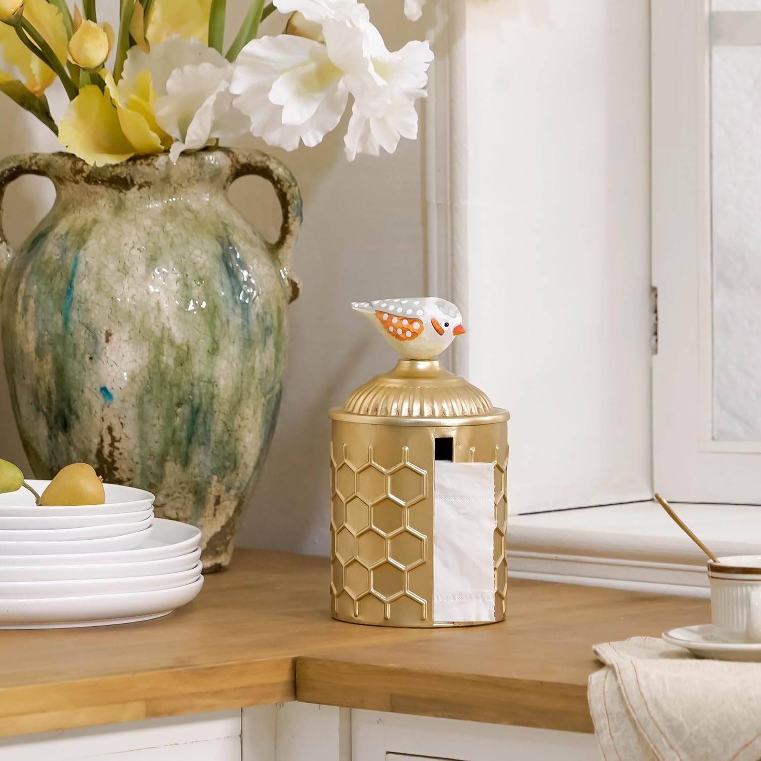 Gold Roll Tissue Box Holder for Bathroom Decorative Round Roll Toilet Paper Organizer Dispenser with Lid Easy-Refill for Tabletop, Office, Vanity, Honeycomb Pattern Embossed