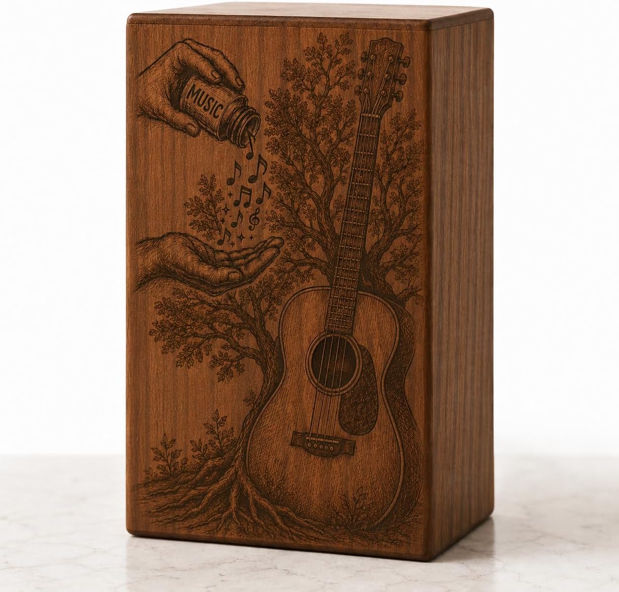 Handcrafted Wooden Guitar Cremation Urn for Human Ashes – Music Lover Memorial Urn Box – Engraved Acoustic Guitar Funeral Keepsake for Loved One (((8X5-115 Cu.in)))