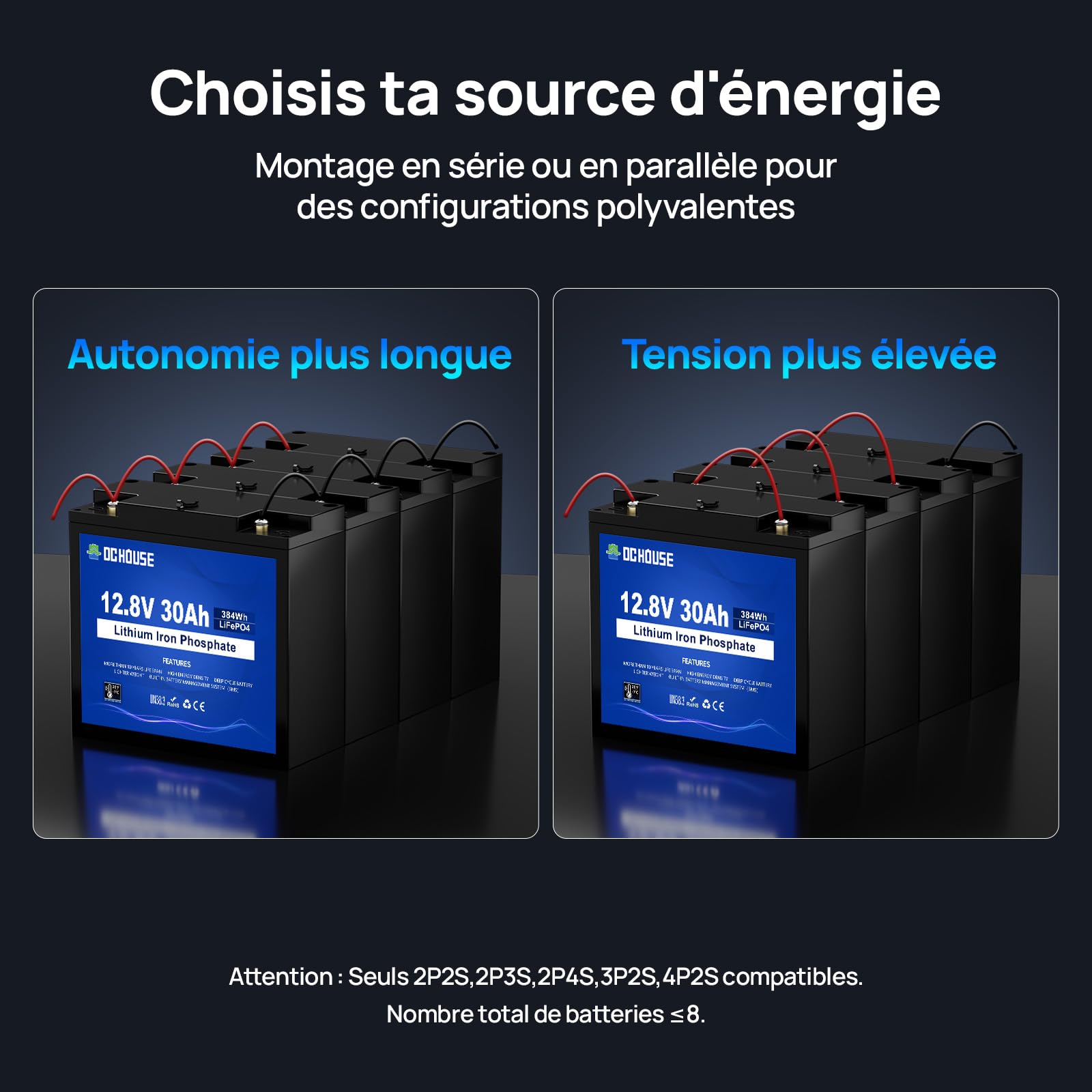 DCHOUSE LiFePO4 Lot de 2 Batteries au Lithium Rechargeables 12V 30Ah avec Cycle Profond 4000 Fois et Protection BMS pour Signal, Fauteuil Roulant, Solaire, Marine, Camping-Car, Chariot élévateur