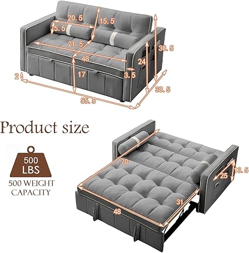 Miniatura 2 de GEEVIVO Sofá cama extraíble, sofá cama de 55.5 pulgadas, con bolsillo lateral, respaldo ajustable y almohada de cintura, adecuado para espacios