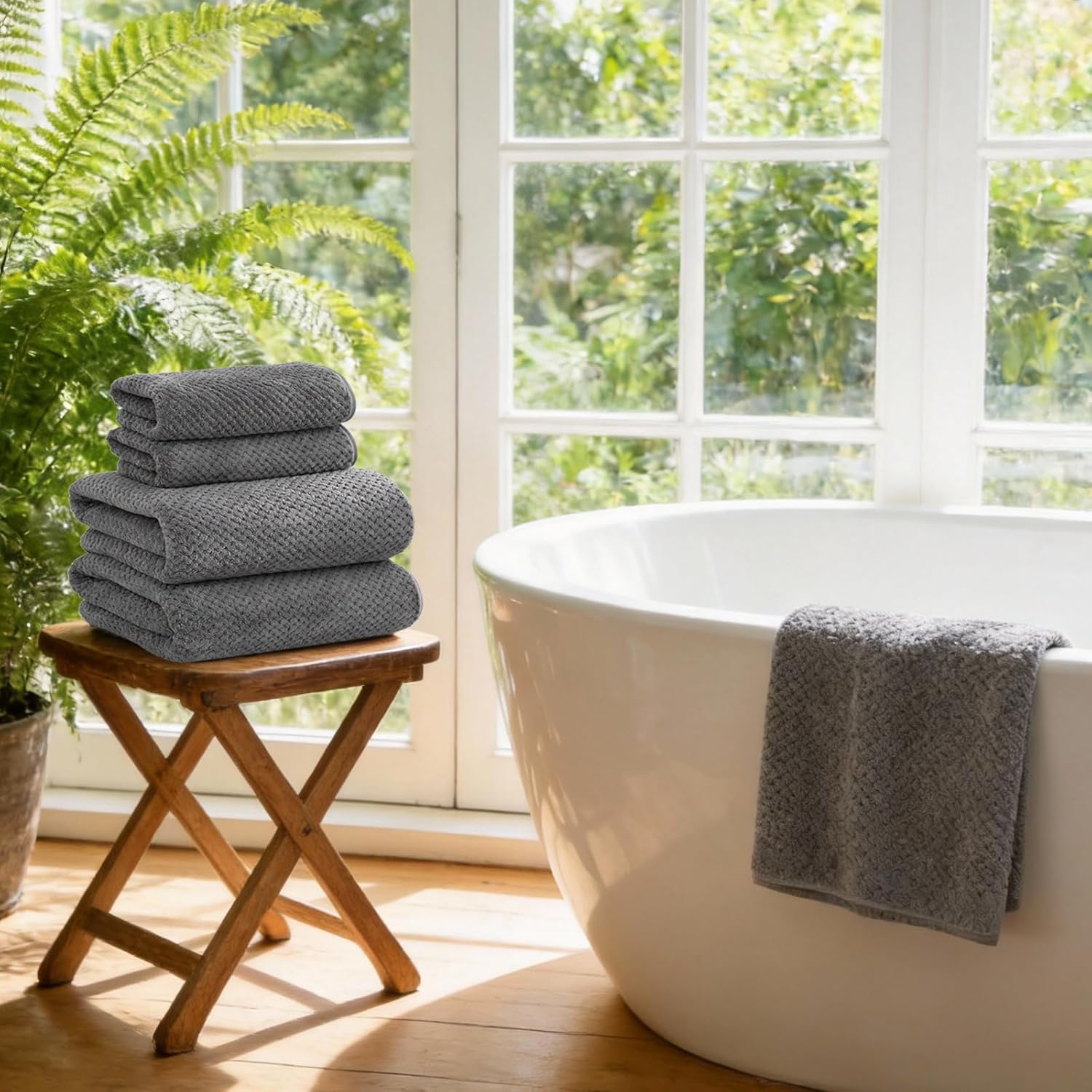 6-Piece Microfiber Bath Towels Set - 2 Hand Towels, 2 Bath Turbans, 2 Bath Towels ,Super Absorbent, Quick Dry, No Fading and No Lint, Luxury Towel Set for Bathroom, Spa, Gym, Travel - Grey