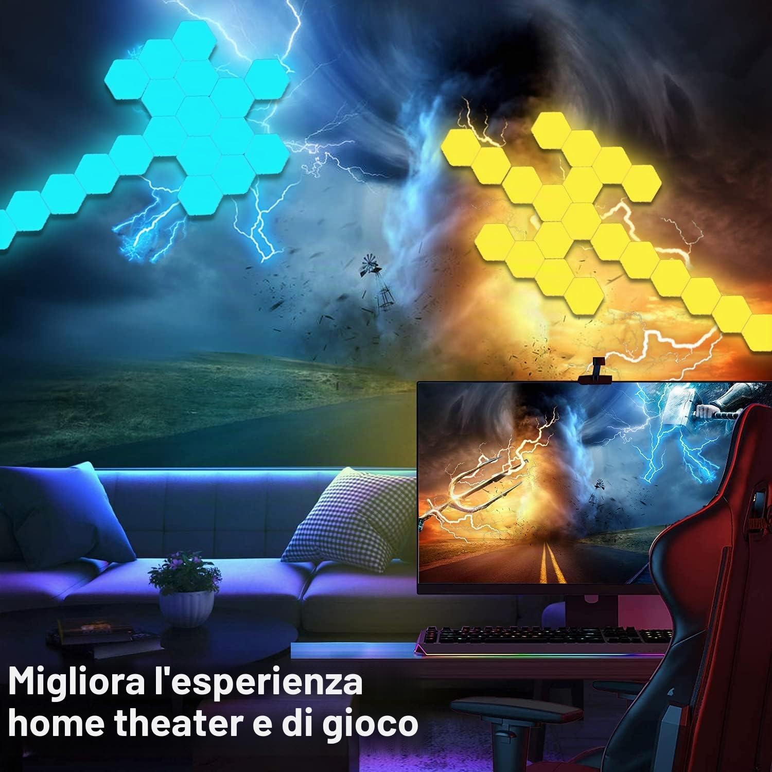 Pannelli LED RGB con Telecomando, Luci Esagonali LED Parete Gaming Pannello Muro Controllo Touch Luce Notturna,Fai da te Geometria Splicing Lampada Esagonale per Stanza da letto/Salotto/Party,7 Pezzi