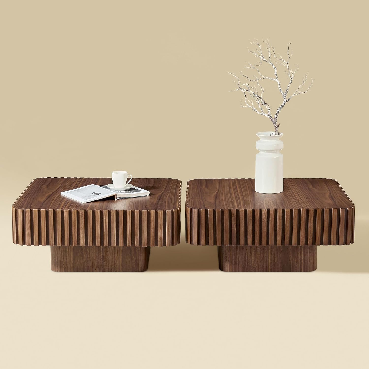 Square Coffee Tables for Living Room, 35.43" Wood Rustic Center Tea Table Modern Accent End Table, with Sturdy Curved Base and Minimalist Fluted Side, Walnut