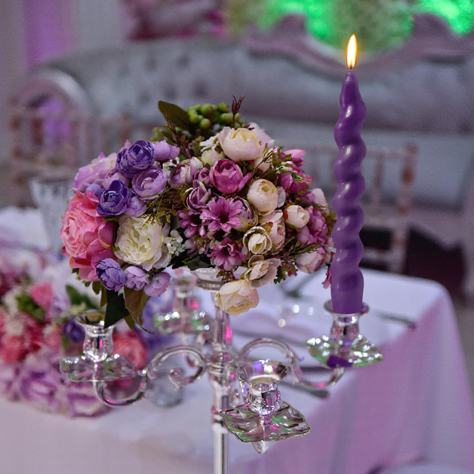 4 Pack 7 Inch Purple Spiral Taper Candles, Unscented Dripless Fat Twisted Candlesticks for Home Décor Party Wedding and Celebrations