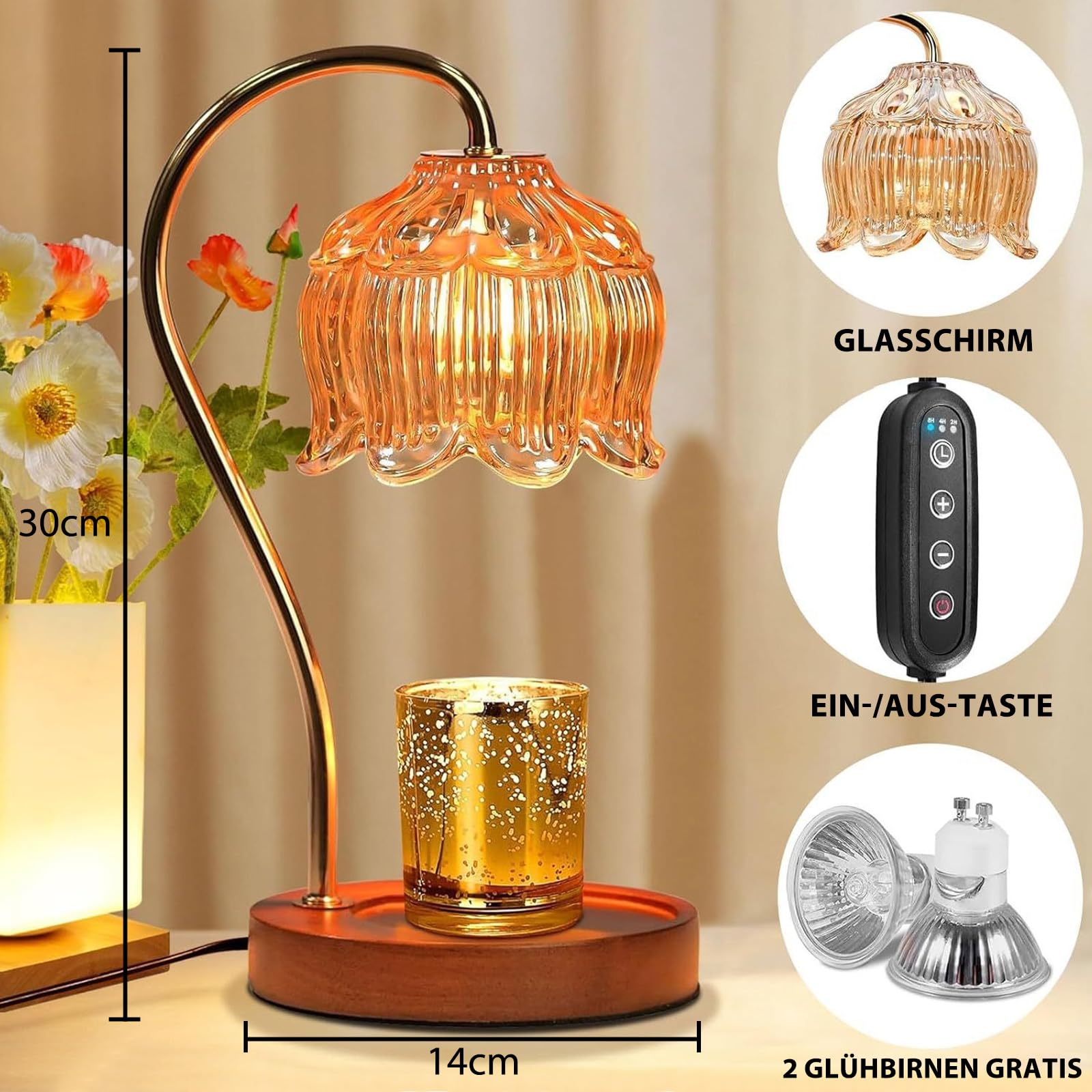 Justup Podgrzewacz świec, kwiatowa lampa do podgrzewania świec z timerem i 2 żarówkami, z regulacją wysokości, elektryczny podgrzewacz wosku, urodziny, Walentynki dla kobiet (brązowy)