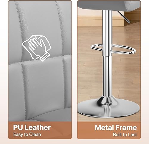 Miniatura 6 de Magshion Juego de 2 taburetes de bar, modernos taburetes de bar giratorios de piel sintética con respaldo, sillas de bar cuadradas ajustables sin