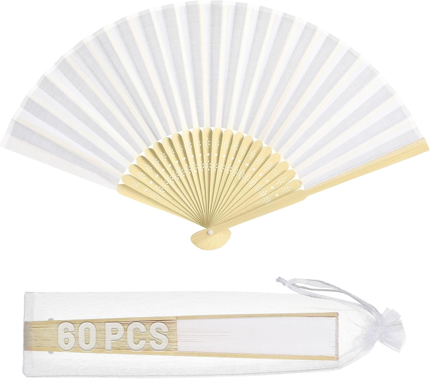 Cosweet 60PCS White Hand Fans for Wedding – Foldable Imitated Silk Fabric Fans, Handheld Party Favors in Bulk for Guests Bridal Showers Outdoor Party