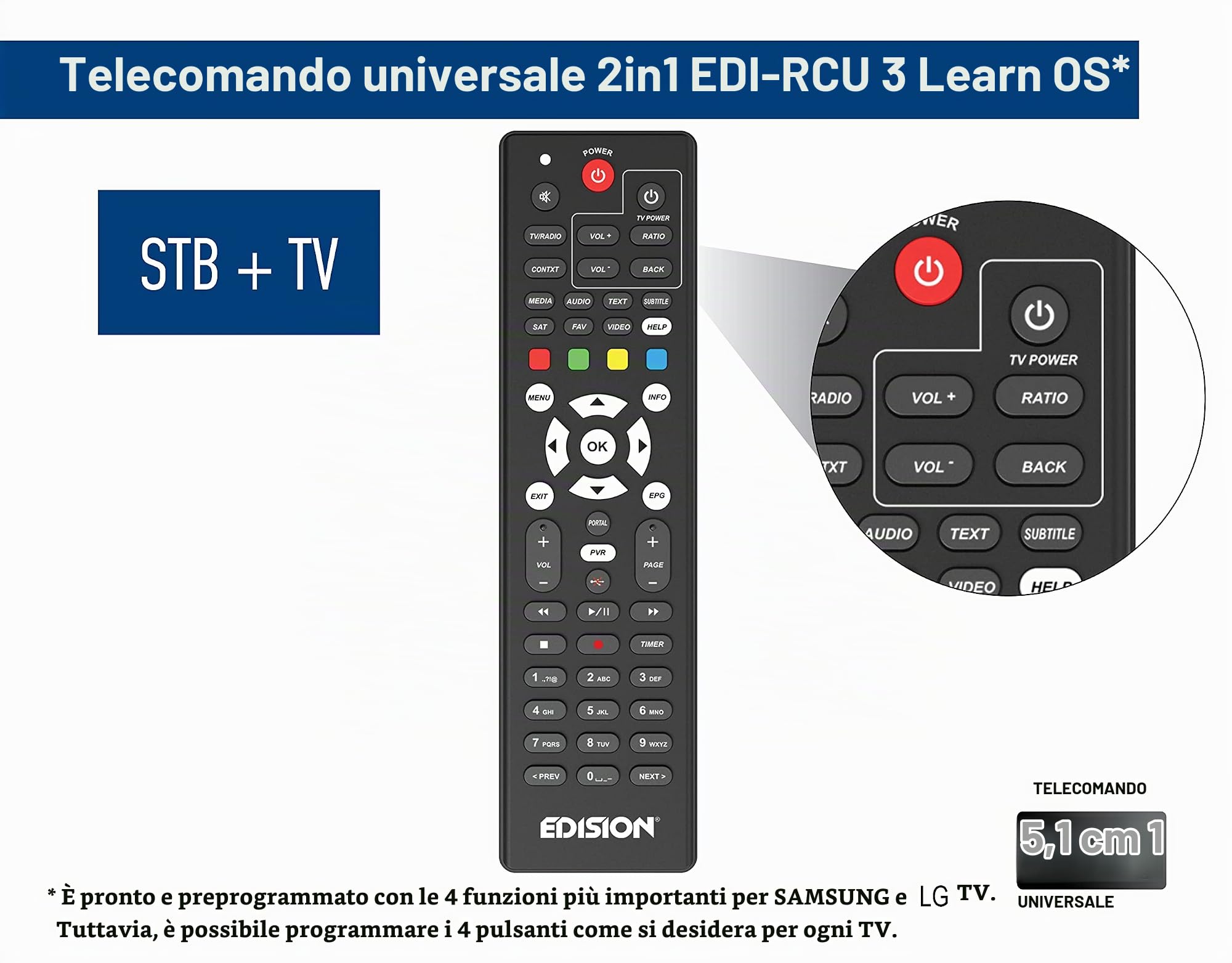 EDISION PING T2/C Decoder DVB-T2 HD Ricevitore Digitale Terrestre H265 HEVC 10 Bit Bonus TV, 2xUSB, HDMI, SCART, LAN, Sensore IR, RS232, Supporto USB WiFi, Telecomando Universale 2in1, Main 10