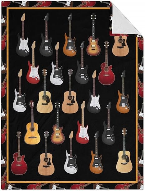 Mercuryelf Guitar Throw Blanket - Soft, Fuzzy & Warm - 60x80 Inches Flannel Blankets for Bed, Couch - Black Vintage Throws Gift for Adults