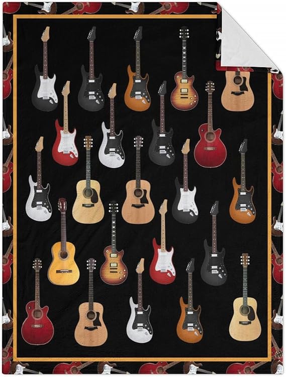 Mercuryelf Guitar Throw Blanket - Soft, Fuzzy & Warm - 60x80 Inches Flannel Blankets for Bed, Couch - Black Vintage Throws Gift for Adults