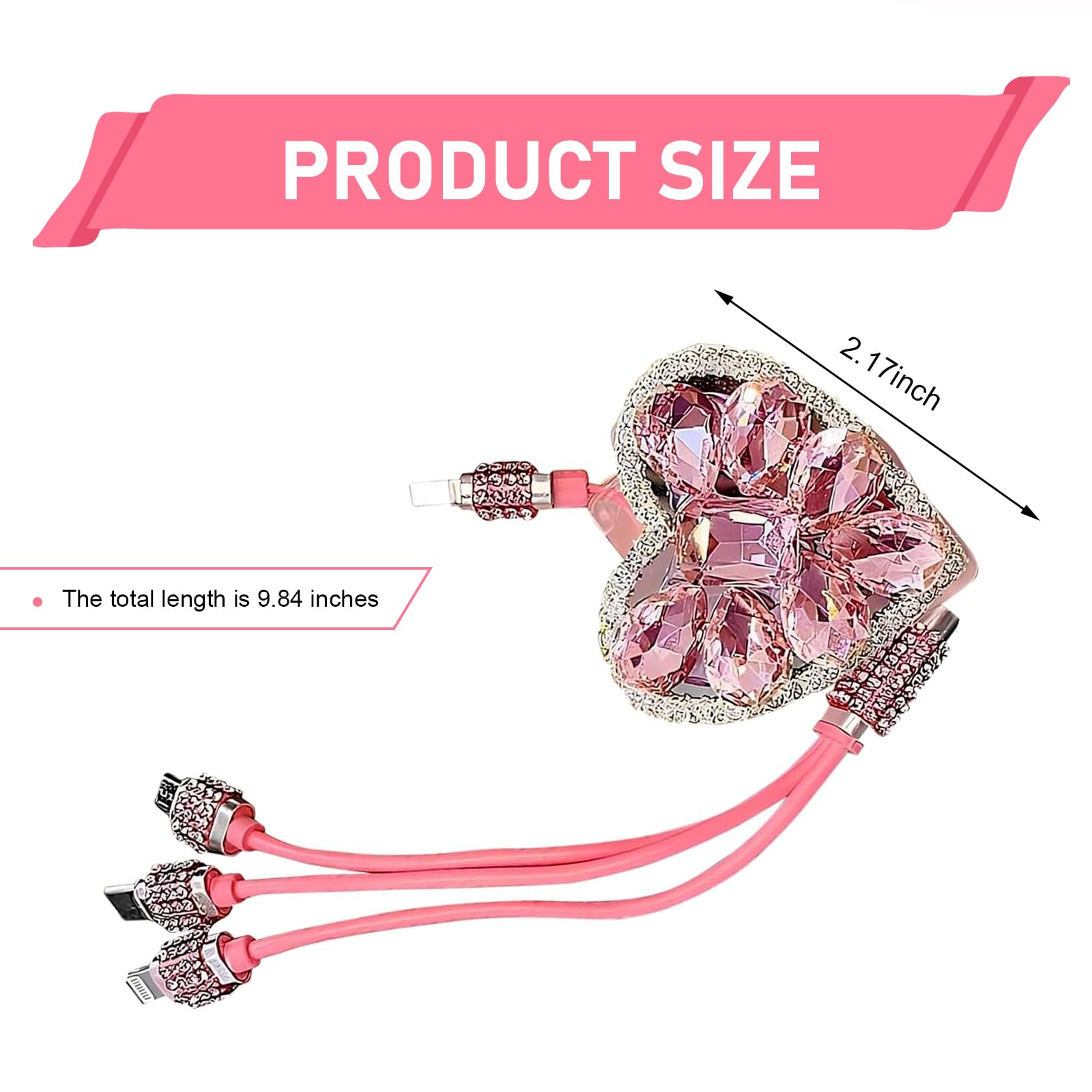 Zosgrew Car Retractable Multi Charging Cable, 3 in 1 Fast Charger Cord, Heart-shaped Diamond-studded Car Charger Cable, Stylish for Women, Compatible with Phone, Tablets (Pink) - 2
