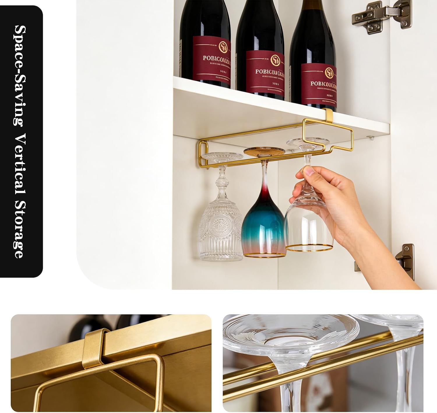 Under Shelf Wine Glass Rack 2-Pack, No-Drill Space Saving Hanging Holder for Cabinet & Countertop,affordably priced gifts，Gold