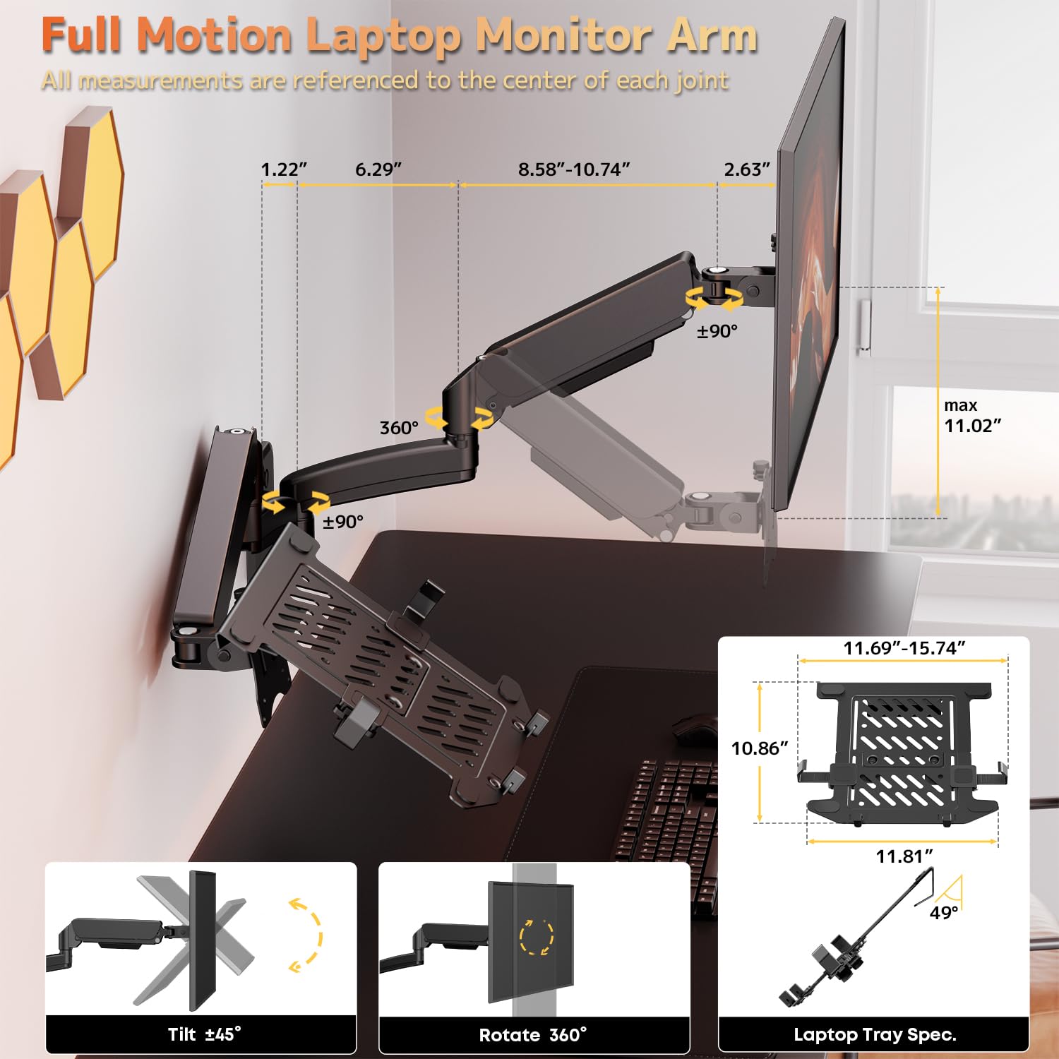 PUTORSEN Uchwyt ścienny do monitora z ramieniem na laptopa do ekranu 13-32" i notebooka do 17,3", pochylany obrotowy uchwyt na laptopa, uchwyt ścienny, VESA 75 x 75-100 x 100 mm