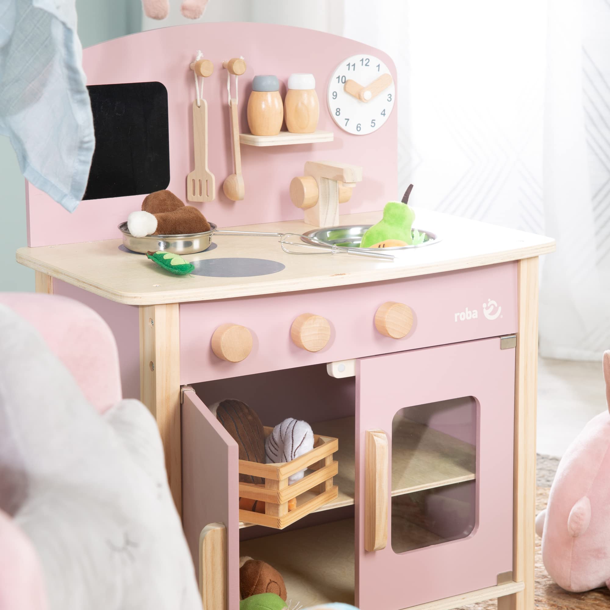 roba Cuisine Enfant en Bois - avec Plaque de Cuisson + Évier et Accessoires en Métal et Bois - à Partir de 3 Ans - Rose