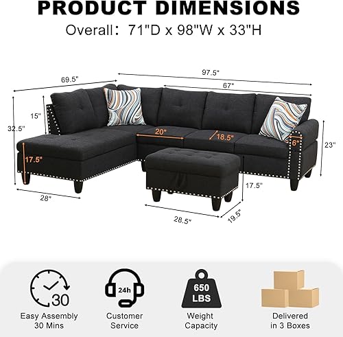 Miniatura 2 de Sofá seccional, moderno juego de muebles de sala de estar de 4 plazas con diván, otomana y 2 almohadas Sofá en forma de L Soporte para tazas Tela