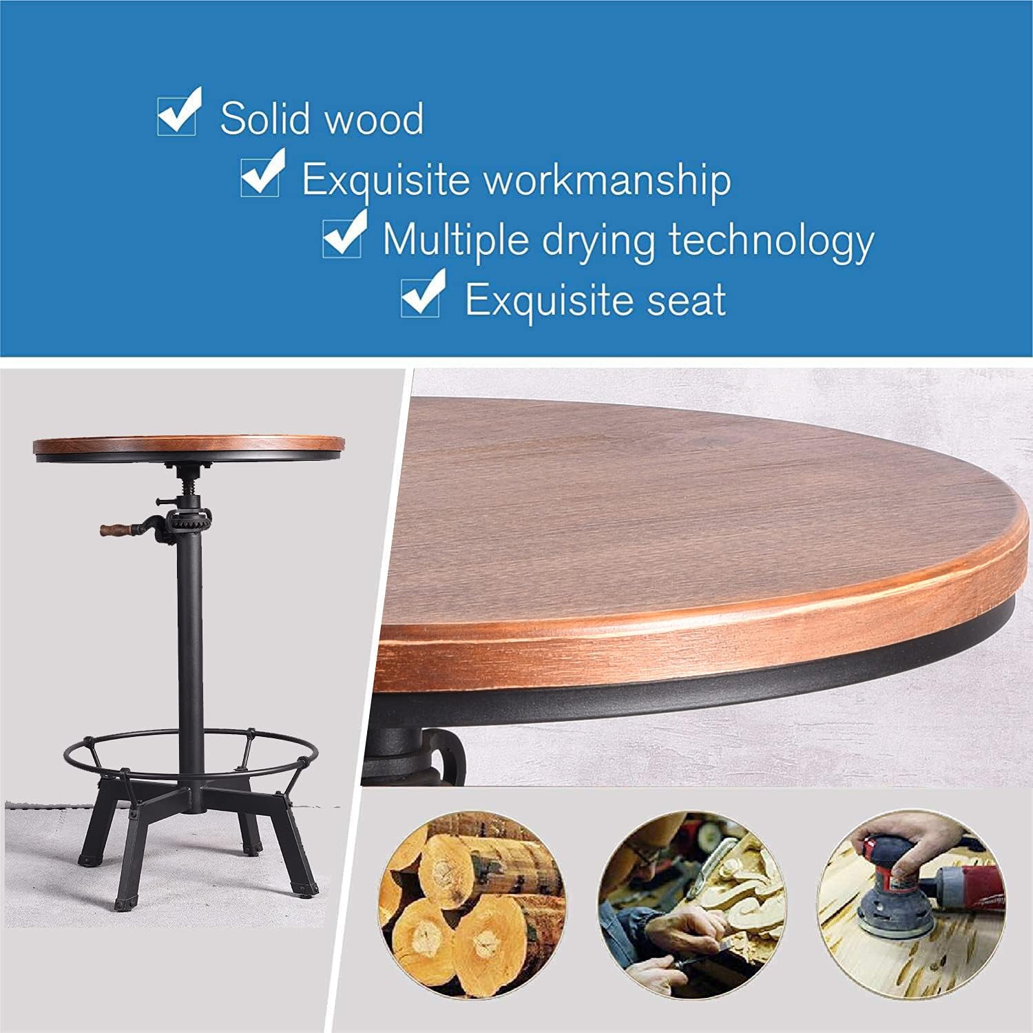 Industrial Bar Table-33.5-39.4 Inch Tall-Adjustable Bar Height Pub Table-23.7 Inch Swivel Round Wood Top Metal Base-Easily Adjusts by Crank Handle: Kitchen & Dining