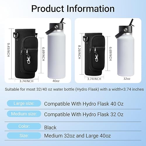 Miniatura 7 de Water Bottle Holder with Strap for Hydroflask 32oz 40oz, Carrier Sling Bag with Phone Pocket Water Bottle Sleeve for Men Women Hiking Camping Negro