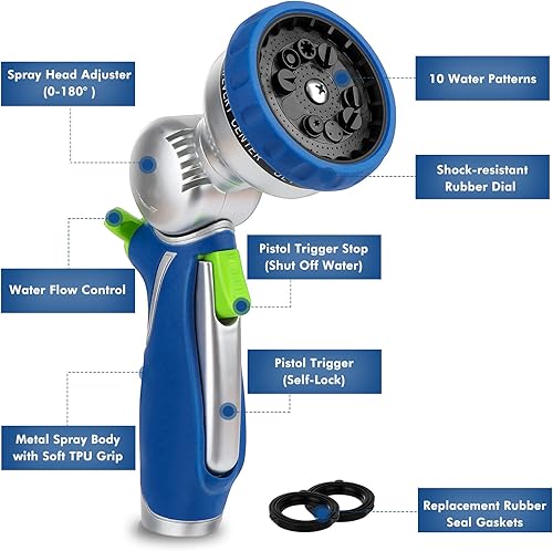 Miniatura 3 de RESTMO Boquilla de manguera de jardín con cabezal giratorio ajustable de 180, rociador de manguera de alta presión, 10 patrones de rociado, gatillo