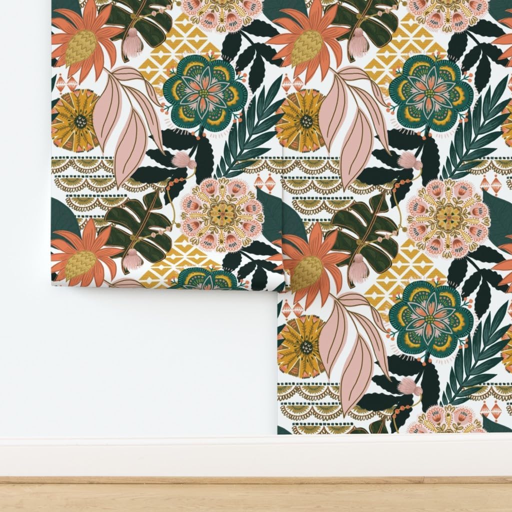 Spoonflower Peel & Stick Wallpaper 3ft x 2ft - Boho Tropical Gold Mustard Mandala Bohemian Coral Botanical Maximalist Paradise Monstera Palms Custom Removable Wallpaper