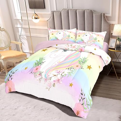 Miniatura 8 de Juego de ropa de cama infantil de 5 piezas con estampado súper suave y transpirable para niñas, juego de edredón lavable y duradero con edredón,