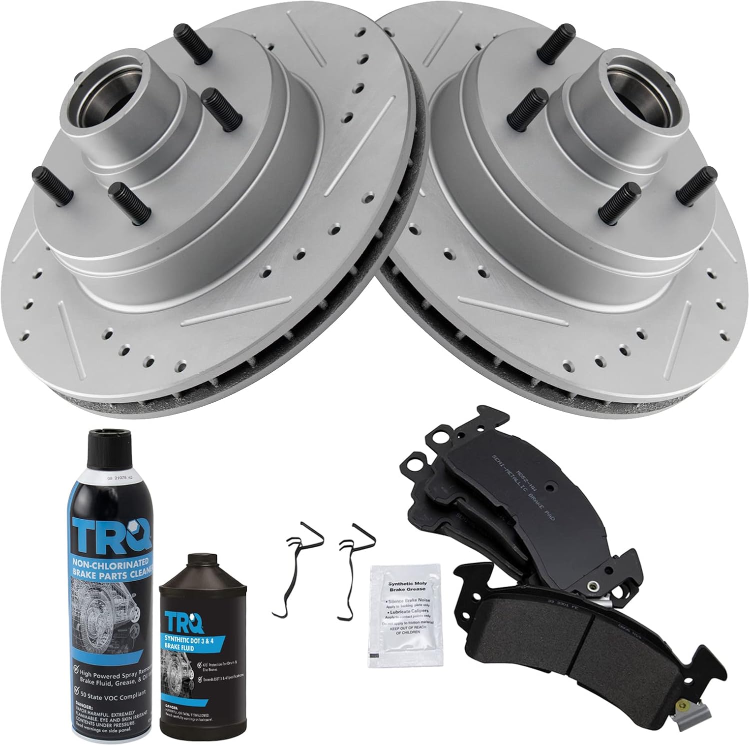 TRQ Front Metallic Brake Pad & Performance Rotor Kit w/Fluids Compatible with Chevy Buick