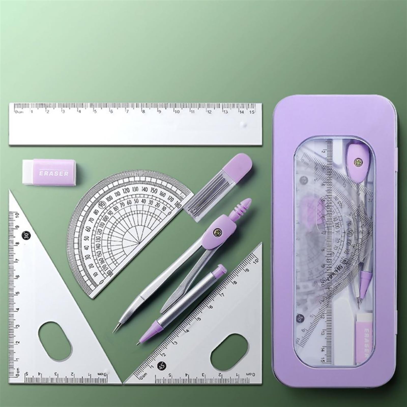 Mathematik-Set, Winkelmesser-Set, 7-teiliges Mathematik-Geometrie-Set, Schülerbedarf, Geometrie-Set for die Schule, inklusive Lineal, Winkelmesser, Zirkel, Minenminen, Fensterbox und Radiergummi usw.,