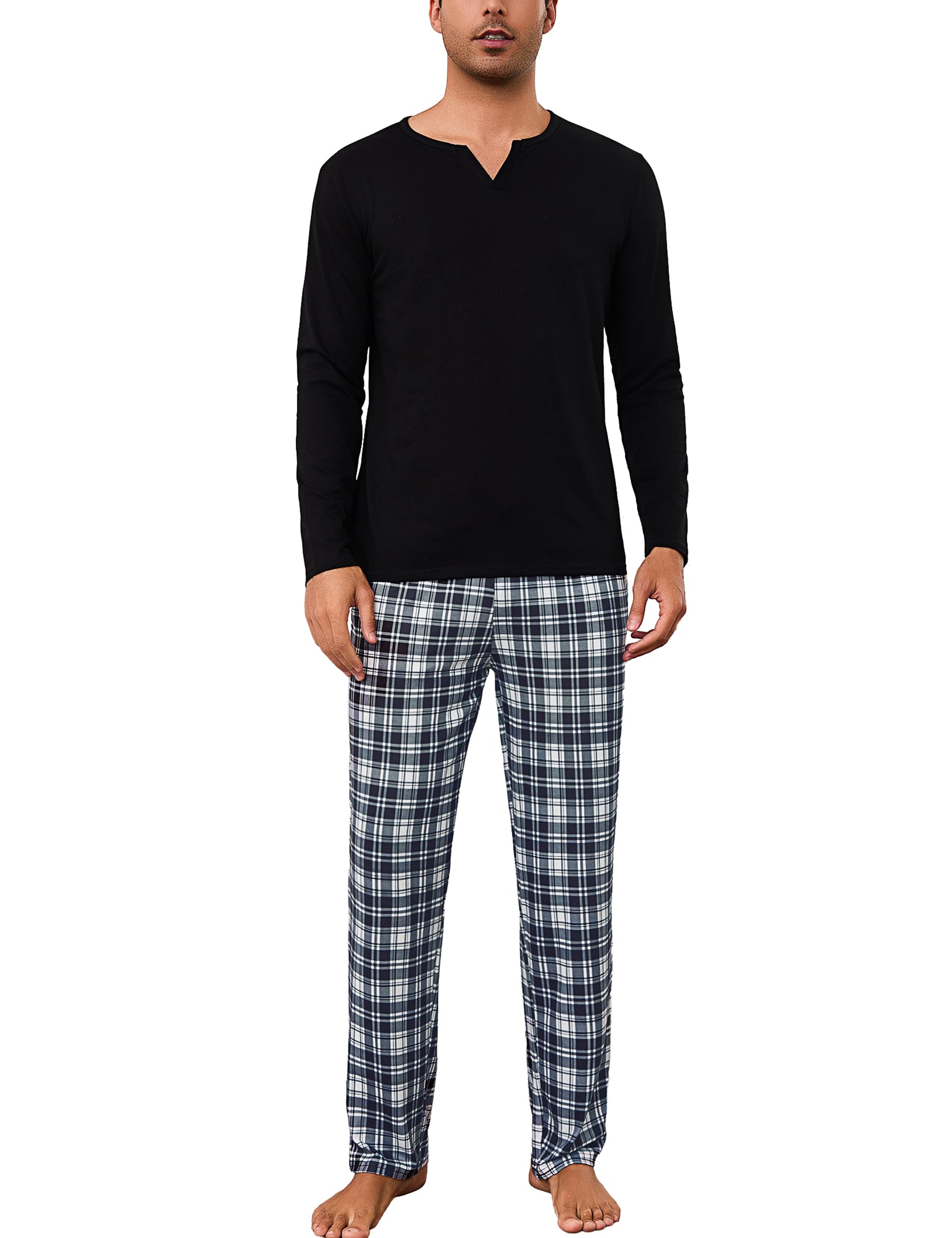Bresdk Schlafanzug Herren lang Baumwolle Winter Pyjama Set aus Langarm V-Ausschnitt Oberteil und Karierte Pyjamahose Hausanzug Herren Kuschelig S-3XL