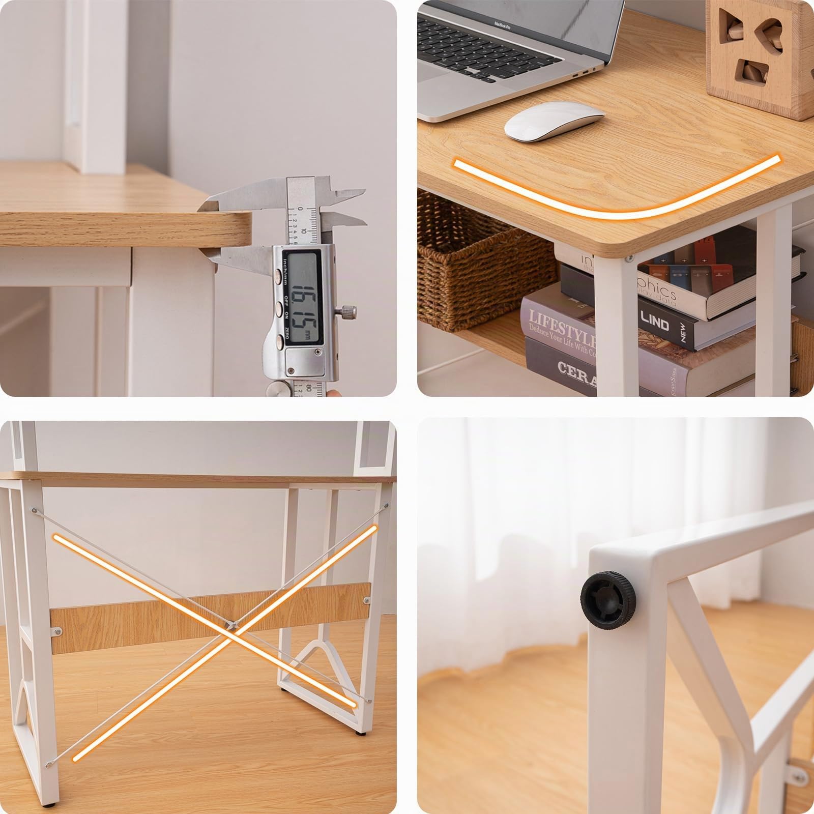 SHARPDO Scrivania Moderna 100x50 cm in Legno Chiaro con Mensole a Due Livelli e Struttura a Y Stabile – Scrivania da Studio per Studenti con Bordi Arrotondati e Protezione Anticaduta
