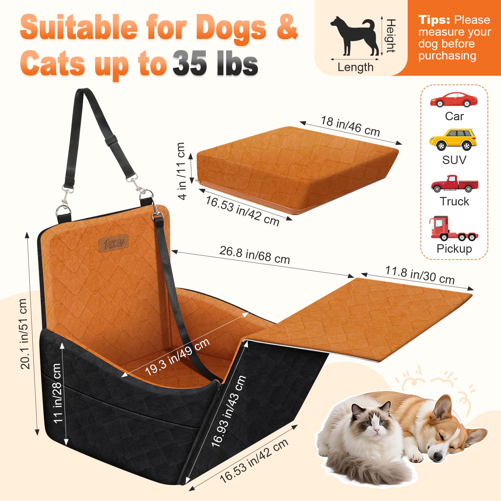 Erhöhter Hundesitz fürs Auto, Hunde Autositz für kleine & mittlere Hunde bis 16 kg, Abnehmbar & Waschbar, Stützschaum Hundesitz mit 2 Taschen & 3 Sicherheitsgurten, Schwarz +Braun