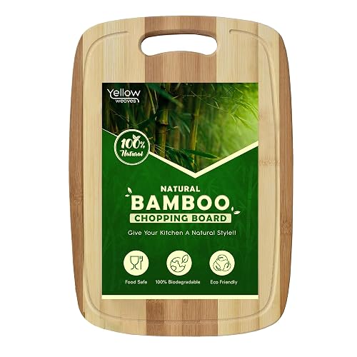 Yellow Weaves Large Bamboo Wood Chopping Board (24 x 34 CM, 2 CM Thickness) Cutting Board with Juice Groove for Vegetables, Fruits, for Kitchen Use, Eco Friendly, BPA Free, Anti Microbial