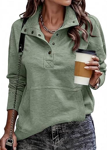 SHEWIN Women's Casual Long Sleeve Stand Neck Sweatshirt Lightweight Button Drawstring Pullover Tops