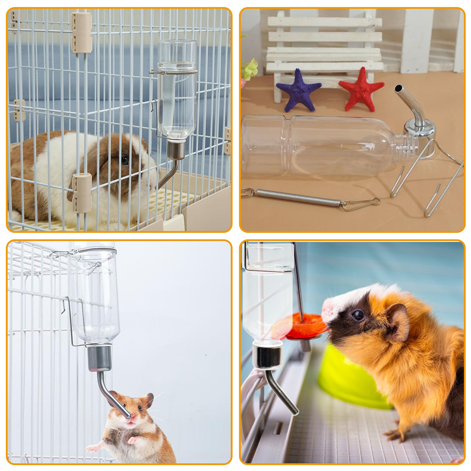 4 Pièces Biberon Lapin, 350ml Abreuvoir Lapin, Distributeur Eau Lapin Automatique avec Support, Suspendue Biberon Cochon d'Inde sans Goutte à Goutte pour Rongeur Lapins Cochons d'Inde Hamsters
