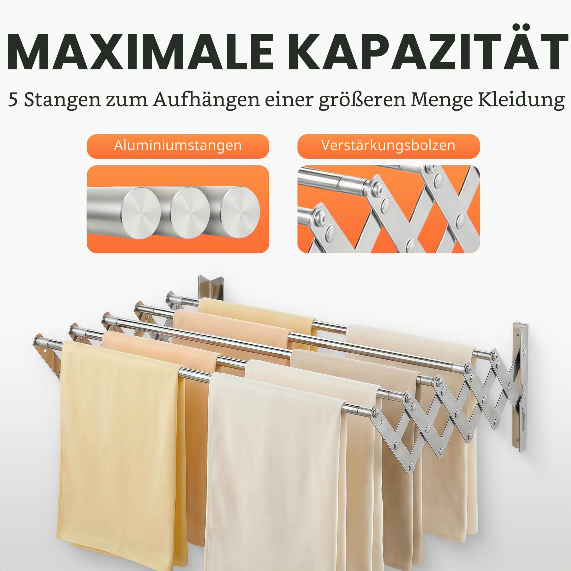 JUPPLIES Wand-Wäscheständer Ausziehbar 100 cm – Klappbarer Wäscheständer zur Wandmontage Innen & Außen – 5 Edelstahlstangen, Einfache Montage, Inklusive Wäscheklammern