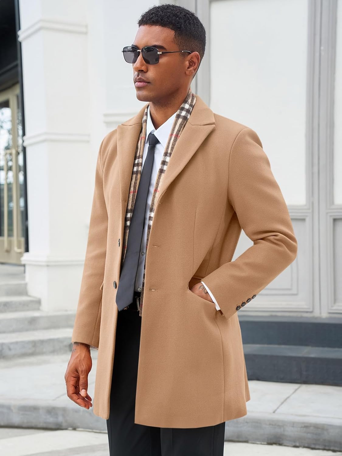 Runcati Men's Pea Coat with Detachable Plaid Scarfs Fall Single Breasted Wool Blend Trench Coat Winter Overcoat - Image 2