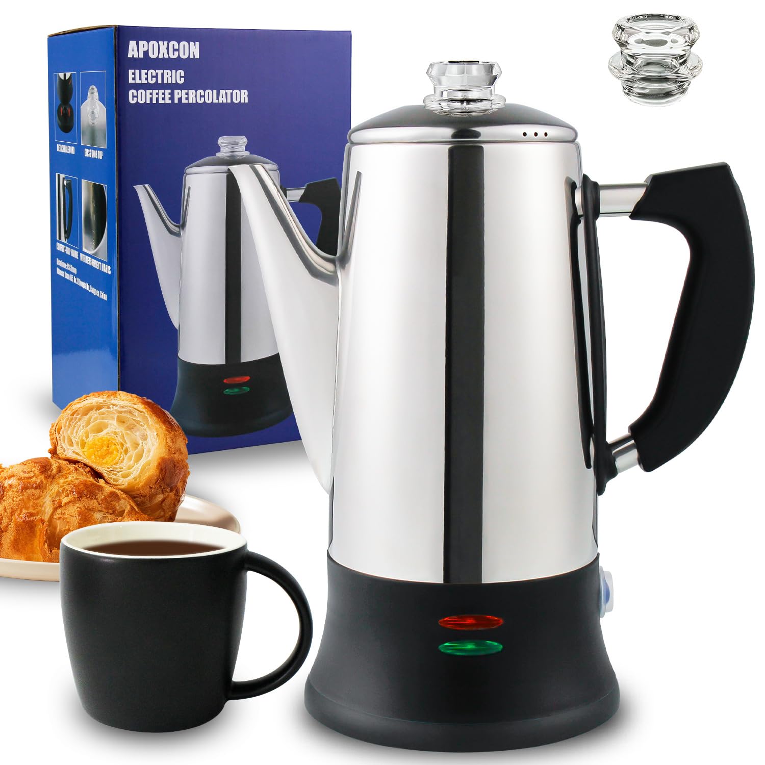 APOXCON Elektrischer Kaffee Perkolator für 12 Tassen, Schnellbrüh-System mit hitzebeständigem Glasknopf für Zuhause und Büro, Kabellos, CE-Zertifiziert