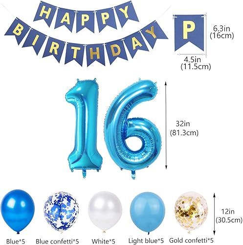 Miniatura 23 de Decoraciones de cumpleaños número 10, color azul para niños y niñas, pancarta de feliz cumpleaños número 10, globos de papel de aluminio de látex