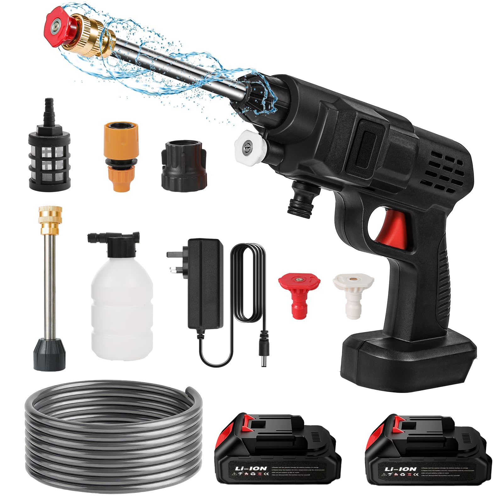 Cordless Pressure Washer, 21V/50 Bar Portable Power Washer with Battery and Rapid Charger, Multifunction Nozzle Charger and Accessories, for Patio Cleaning and Car (2000mAh Battery*2)