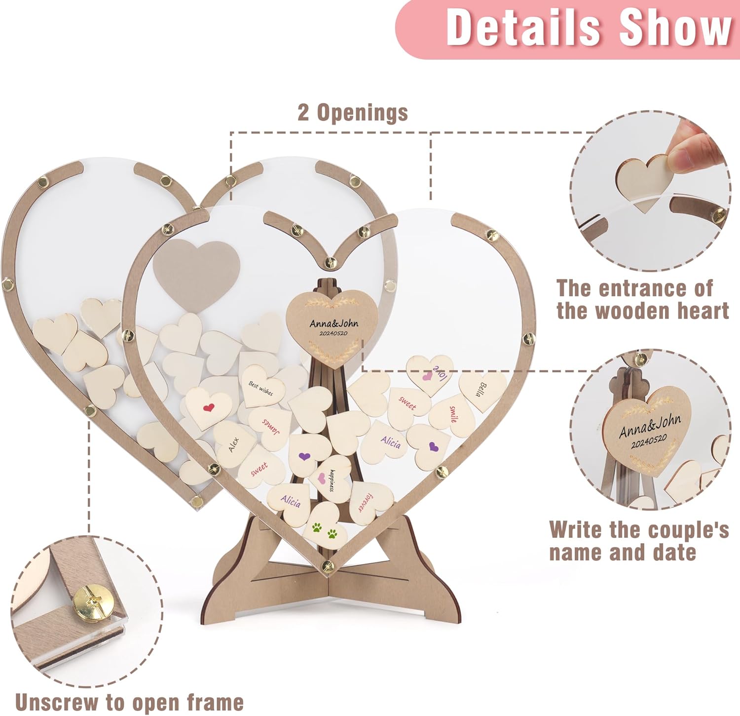 SELEAD Wedding Guest Book Alternative - Rustic Heart Drop Top Picture Frame Acrylic Sign with 80psc Wooden Hearts, Exquisite Box - Wedding Reception for Party Anniversary Birthday