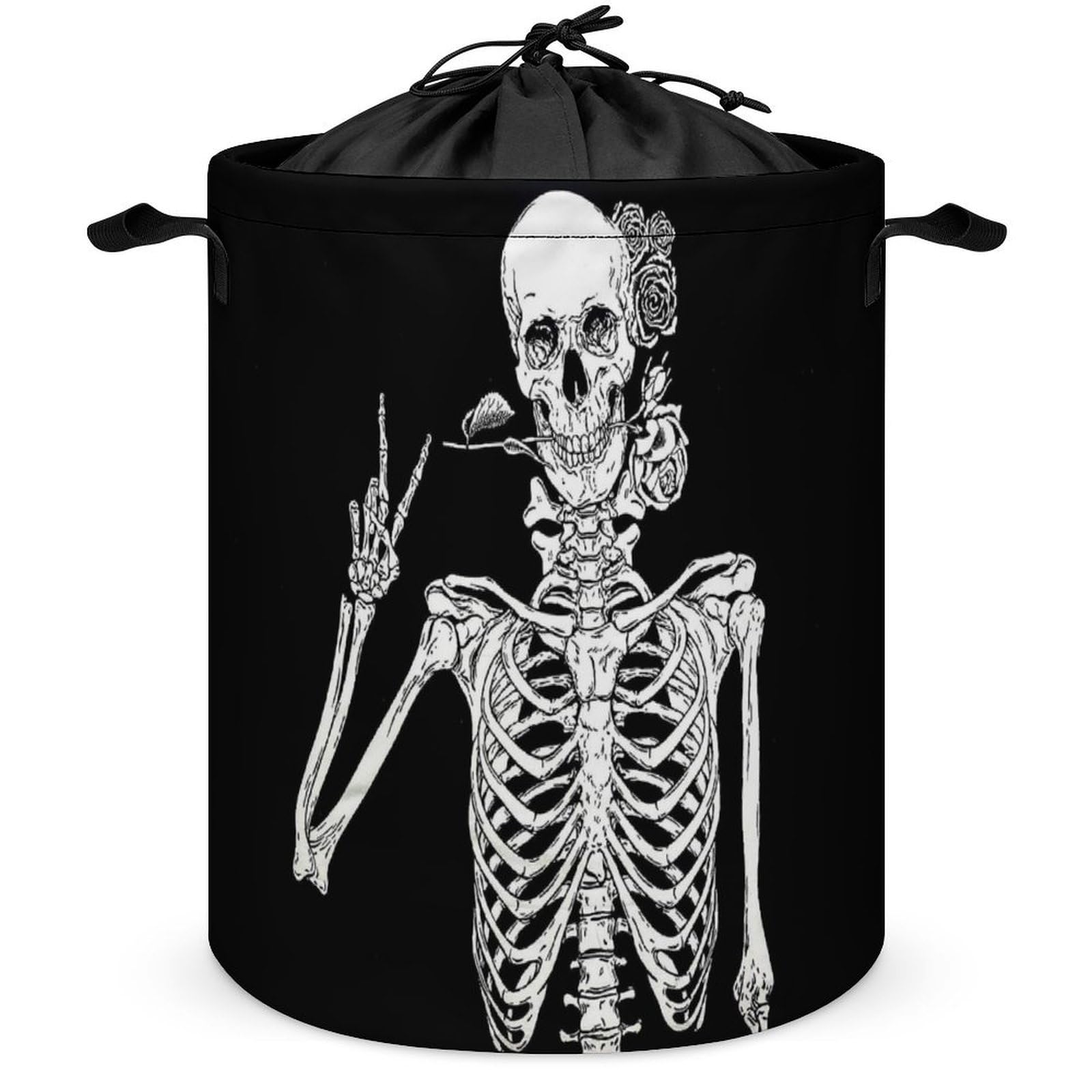 Qjjinxior Drawstring Laundry Hamper, Funny Rock And Roll Skeleton Skull Laundry Basket, Washing Basket with Handle