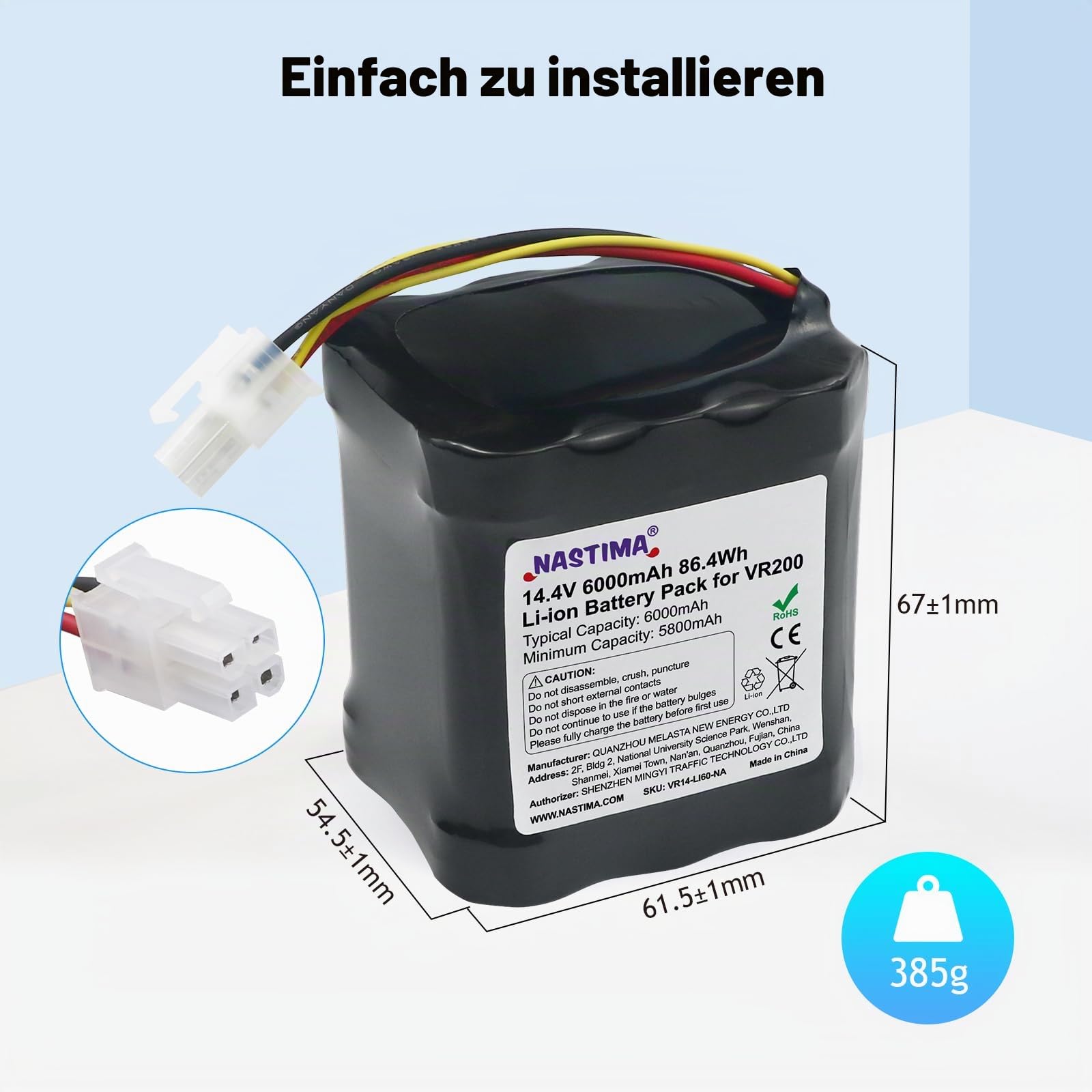 NASTIMA 14,4V 6000mAh Li-Ion Akku Kompatibel mit Vorwerk Kobold VR200, Art.-Nr. 20884-1, Staubsauger-Akku mit BMS