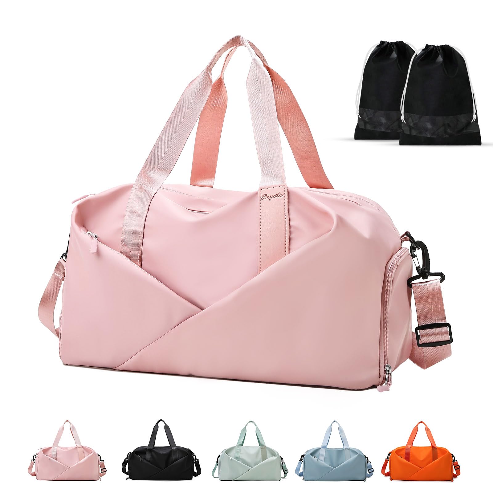 Sports Gym Bag, Pink Black Green Blue Portable Large Duffel Totes with 2pcs Shoes Compartments, Lightweight Overnight Weekend Bags for Sport Yoga Travel Swimmin