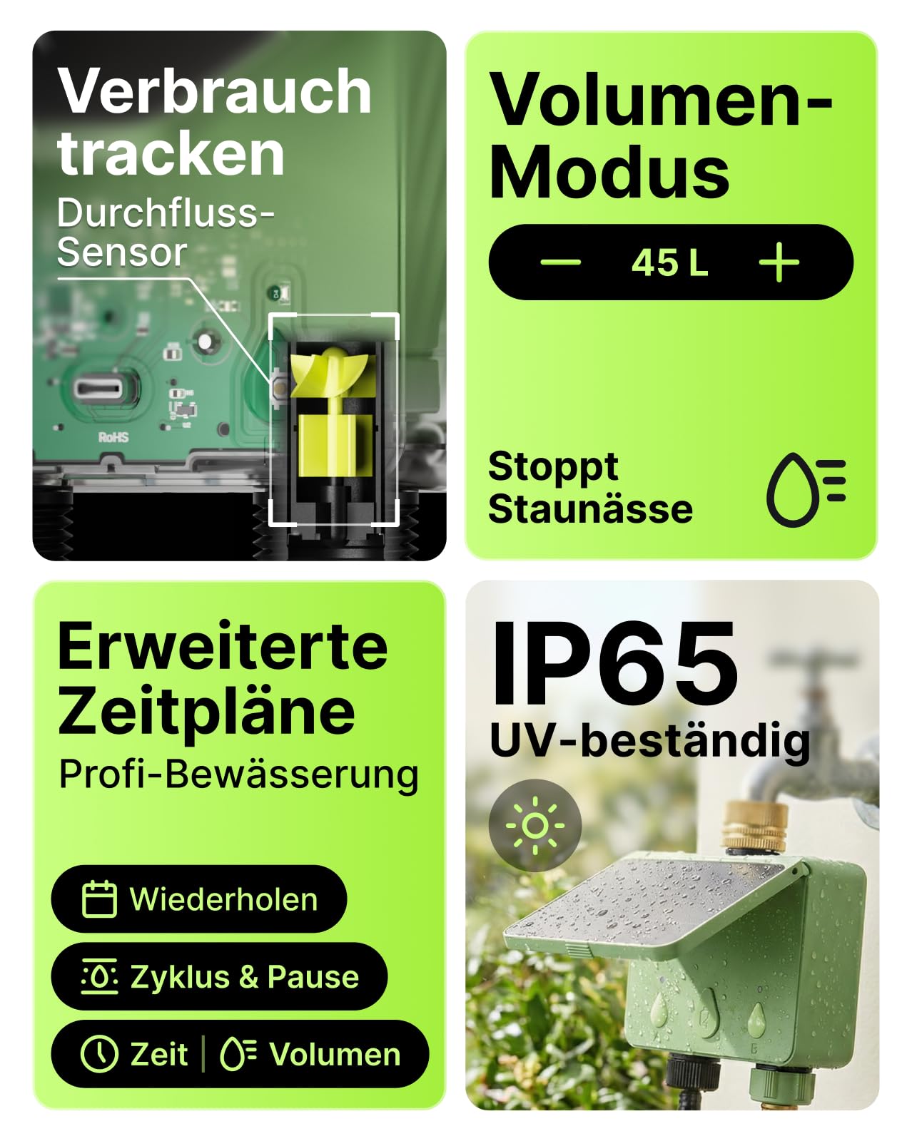 Solar WLAN Bewässerungscomputer für Garten, 2-Wege Smart Bewässerungsuhr mit Durchflussmesser, Kein Hub erforderlich, Messing-Einlass, App & Sprachsteuerung (Alexa/Google), Regenverzögerung