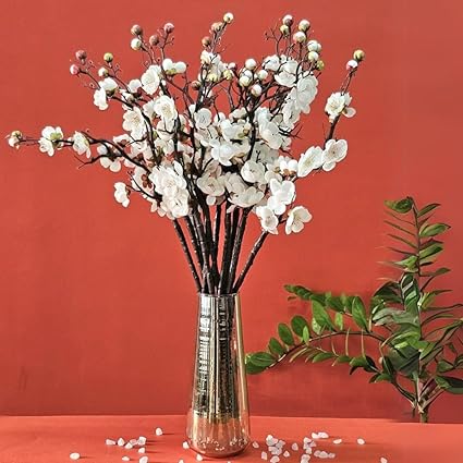 SATYAM KRAFT 3 Sticks Artificial Flowers Blossom BouquetSticks for Gifting, Home, Bedroom, Diwali, Balcony, Living Room,Table Decoration for Anniversary, Deepawali (Without Vase Pot)(White) (Fabric)