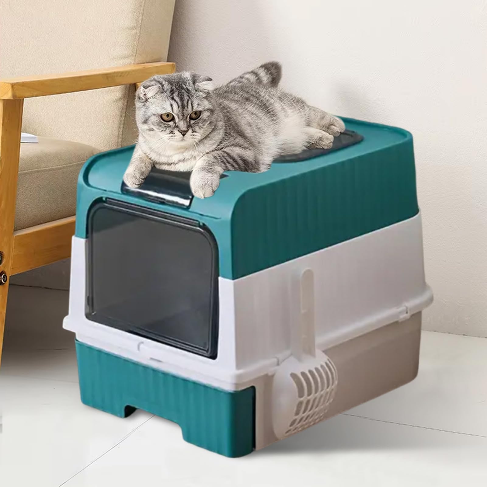 Katzenstreu, hoher Hygienekasten | mit leichter Schaufel, Geruchskontrolle, faltbares Sieb, für Innenecke, leicht zu reinigen