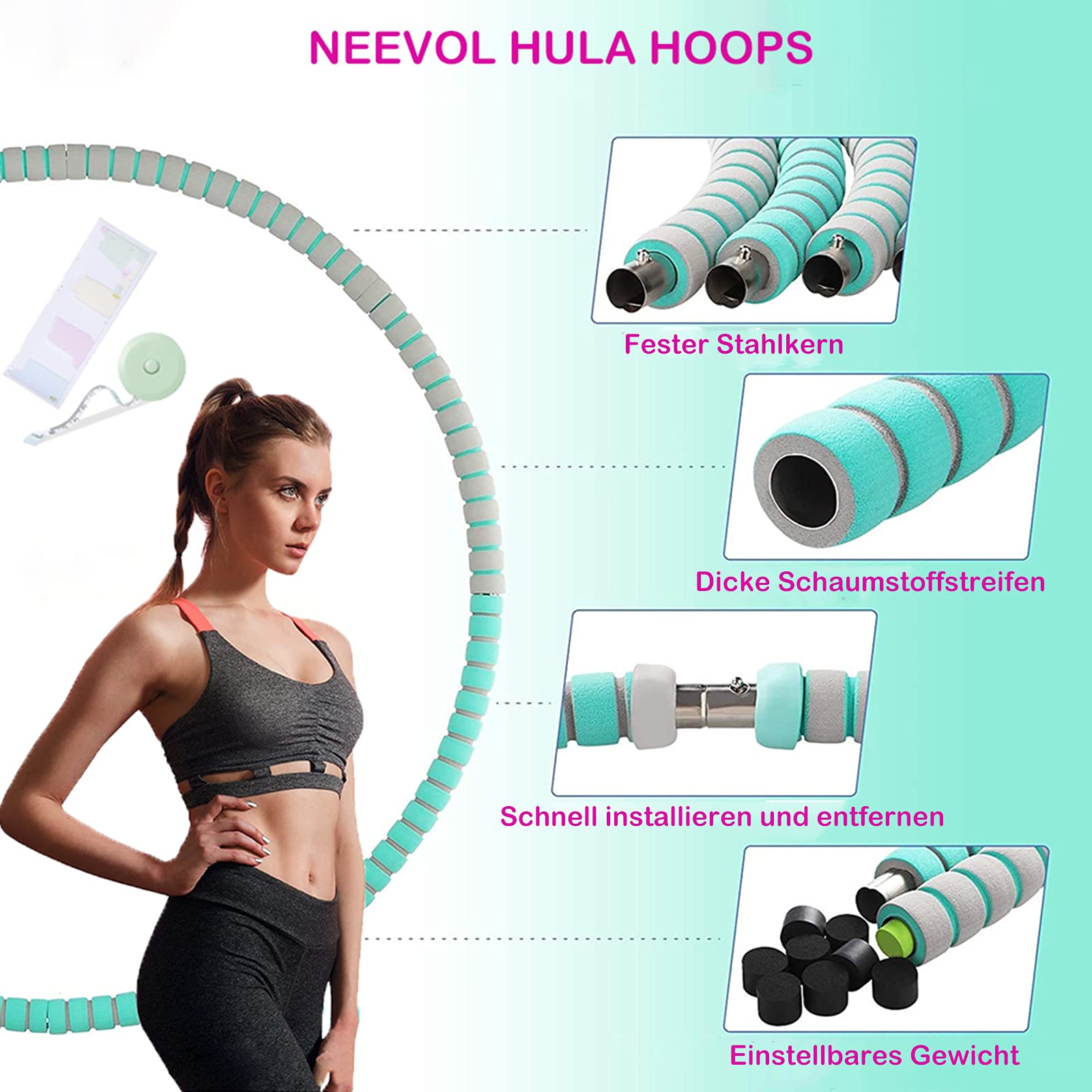 Hula Hoop Reifen für Erwachsene Fitness, verbessertes 1 kg verstellbares gewichtetes Hula-Hoop-Set für Übungen zur Gewichtsreduktion Workout Training (Grün, 8 Knoten)