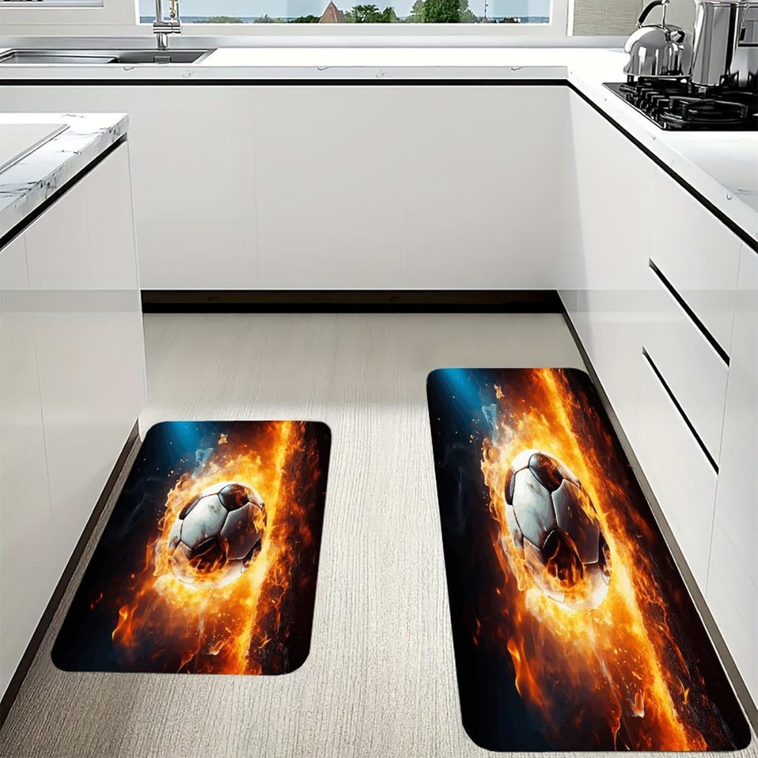 Burning Soccer Ball Kitchen Mat Washable Non Slip Rugs Soft Kitchen Mats for Floor Set of 2 PCS Cushioned Absorbent Runner Standing Rugs for Home Sink Laundry Office